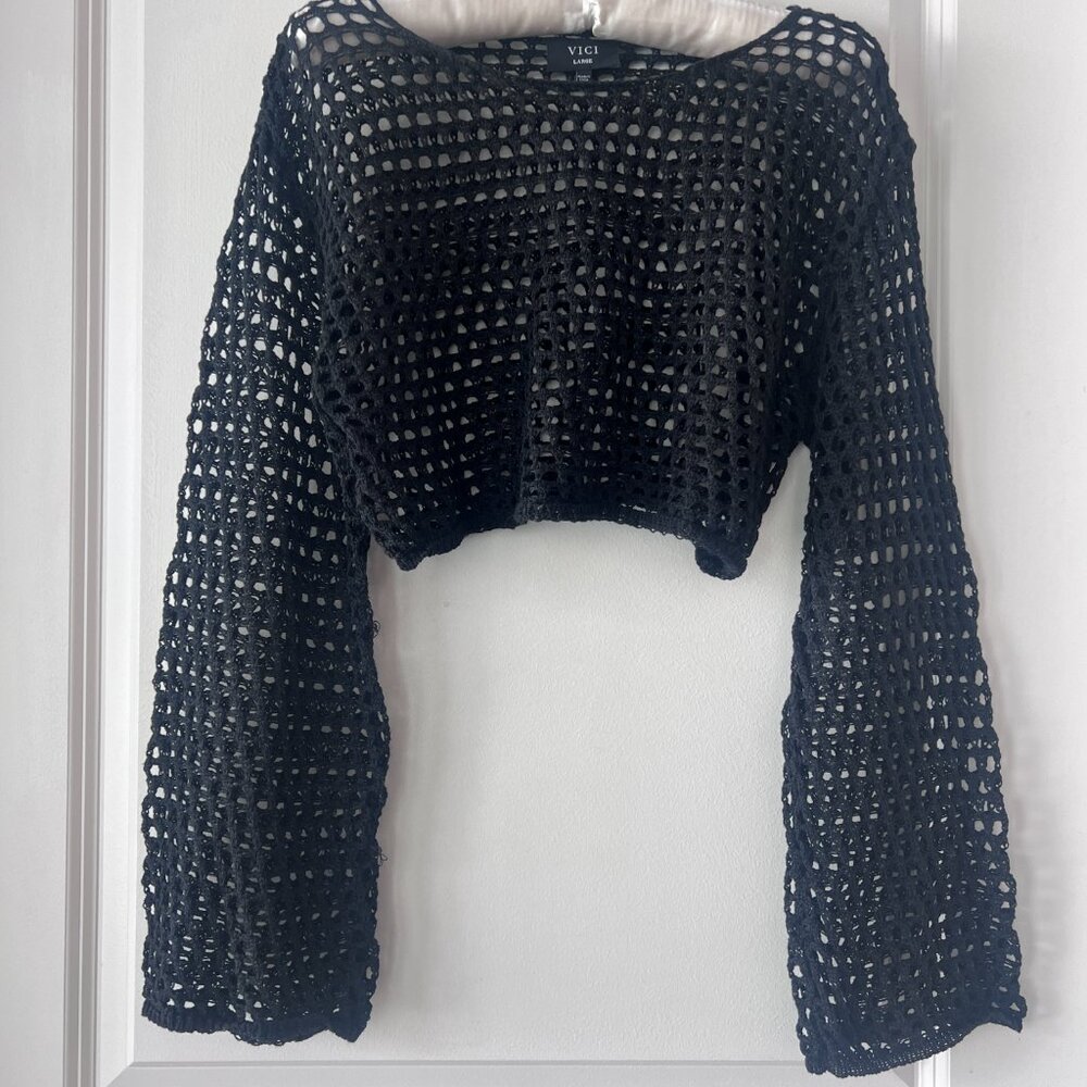 Vici Black Crochet Cropped Sweater Beach Cover Up - Picture 3 of 7